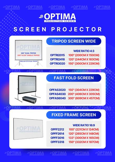 Brosur Optima Screen Projector — Tripod Wide, Fast Fold & Fixed Frame