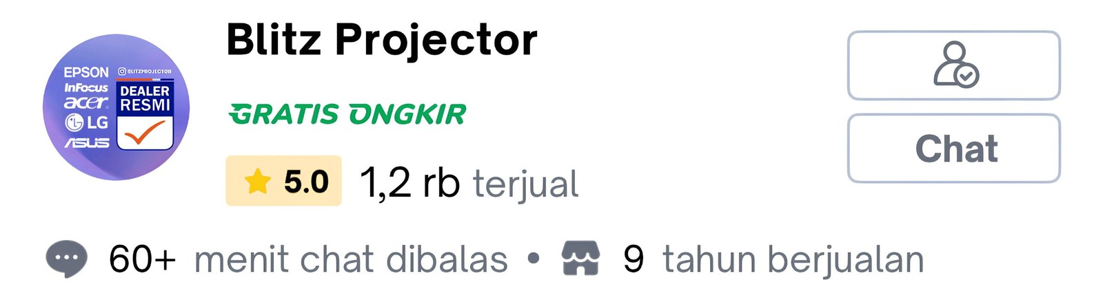 Reputasi toko Blitz Projector di Tokopedia: rating 5,0 dengan 1.200 produk terjual dan 9 tahun berjualan