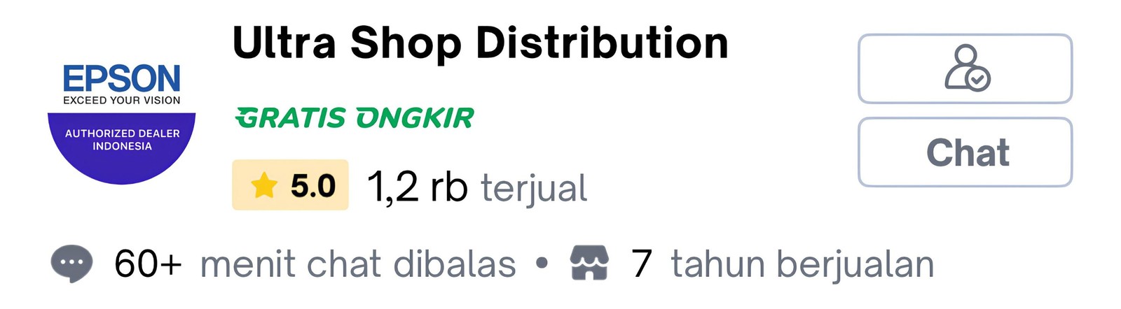 Reputasi toko Ultra Shop Distribution di Tokopedia: rating 5,0 dengan 1.200 produk terjual dan 7 tahun berjualan