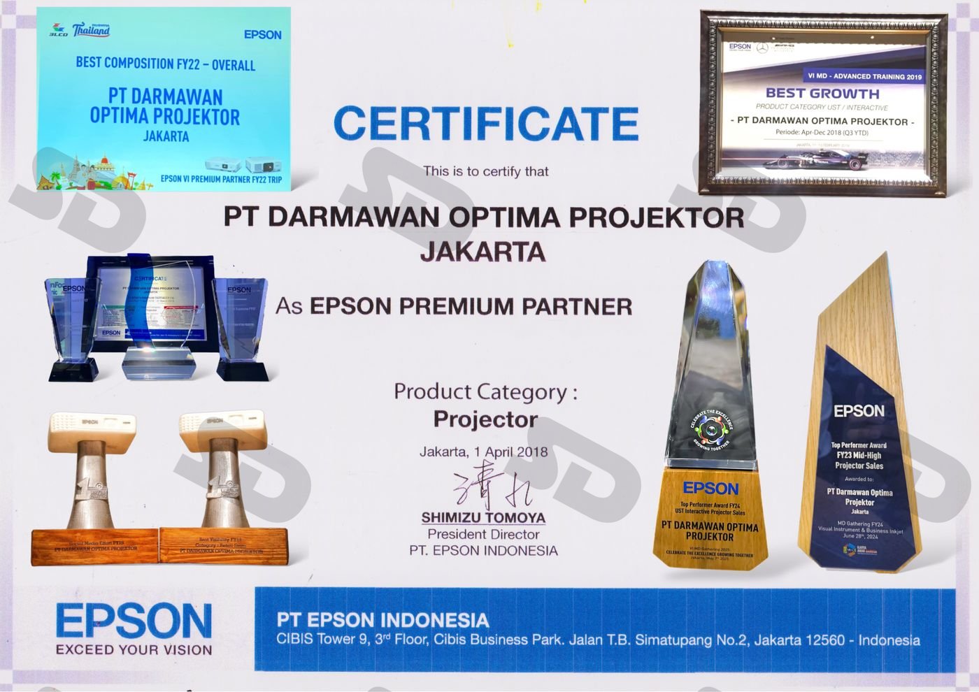 Sertifikat Epson Premium Partner dan berbagai penghargaan top performer untuk PT Darmawan Optima Projektor