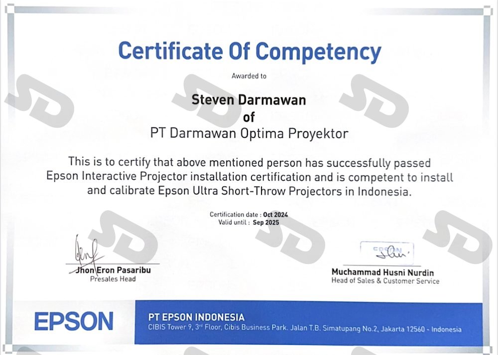 Sertifikat kompetensi instalasi dan kalibrasi proyektor Epson Ultra Short-Throw, Oktober 2024